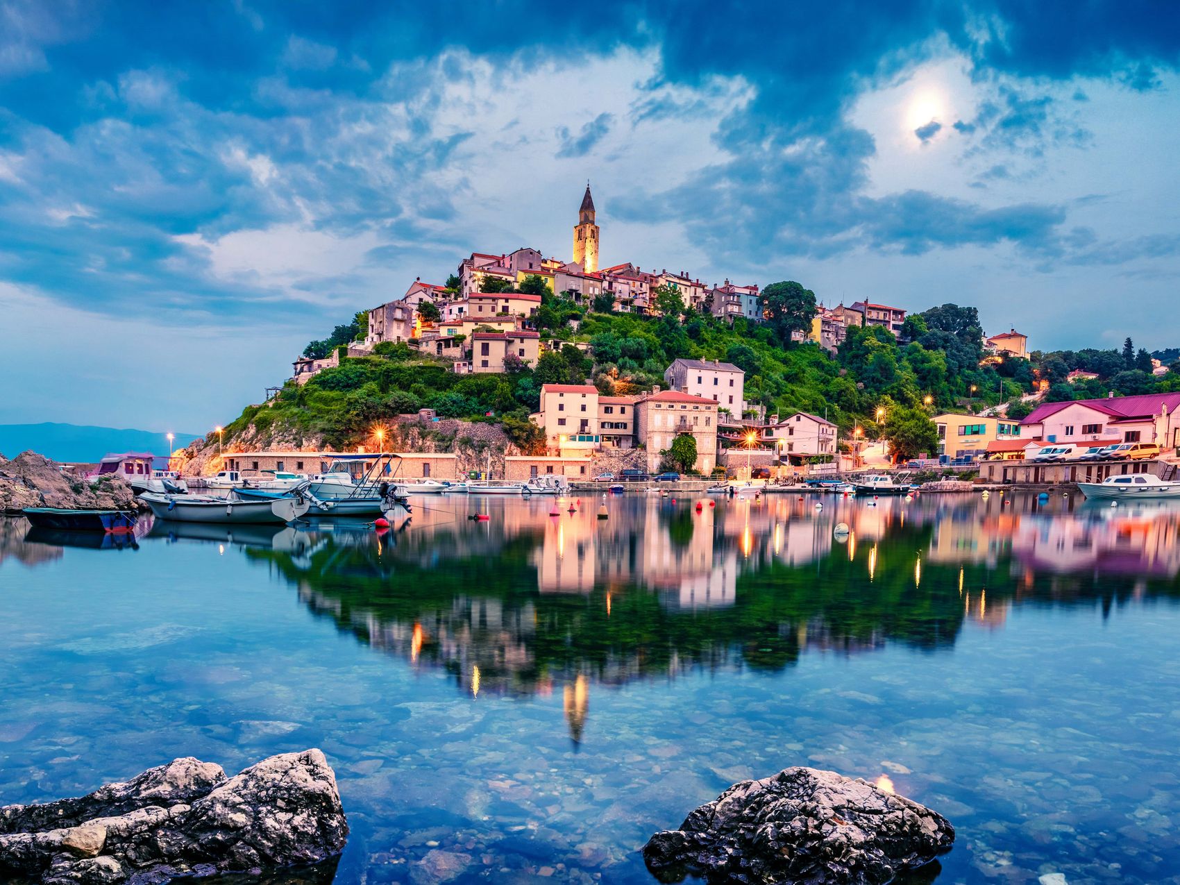 Cityscape image of iconic village of Vrbnik, Croatia located on Krk Island at summer sunrise.