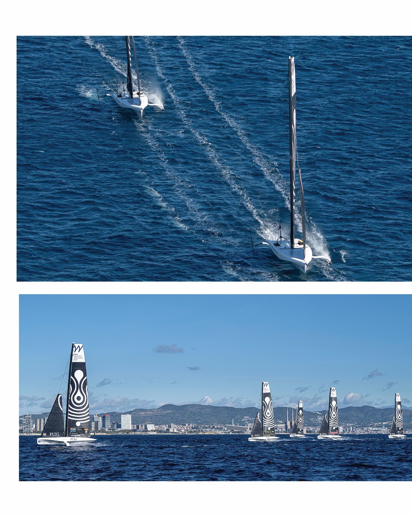 Die Boote des America's Cup gleiten über das Wasser und hinterlassen weiße Spuren, während sie im Gleichschritt vor der Kulisse einer Küstenstadt um die Wette rasen.