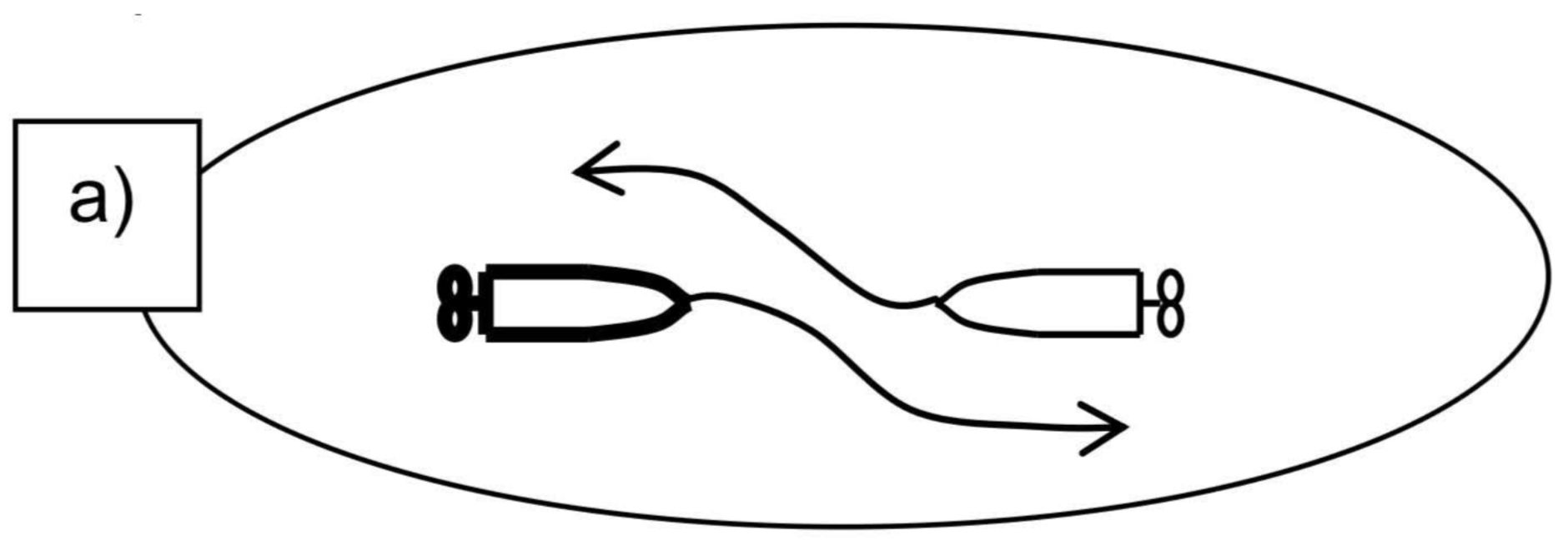 schéma výhybnéného manévru dvou plavidel se strojním pohonem plujících proti sobě na kolizním kurzu.