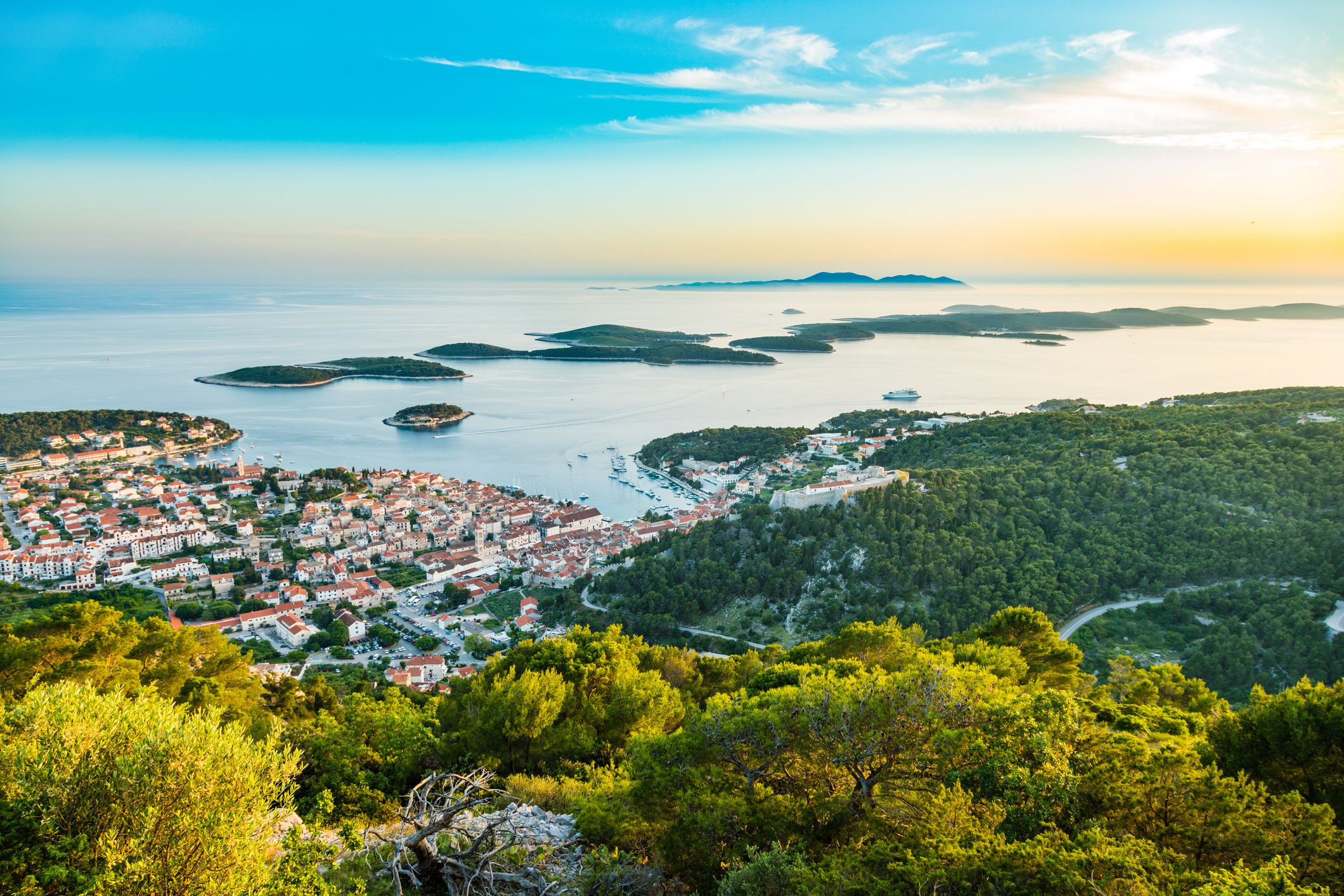 Aerial view of the town of Hvar and the Pakleni Islands