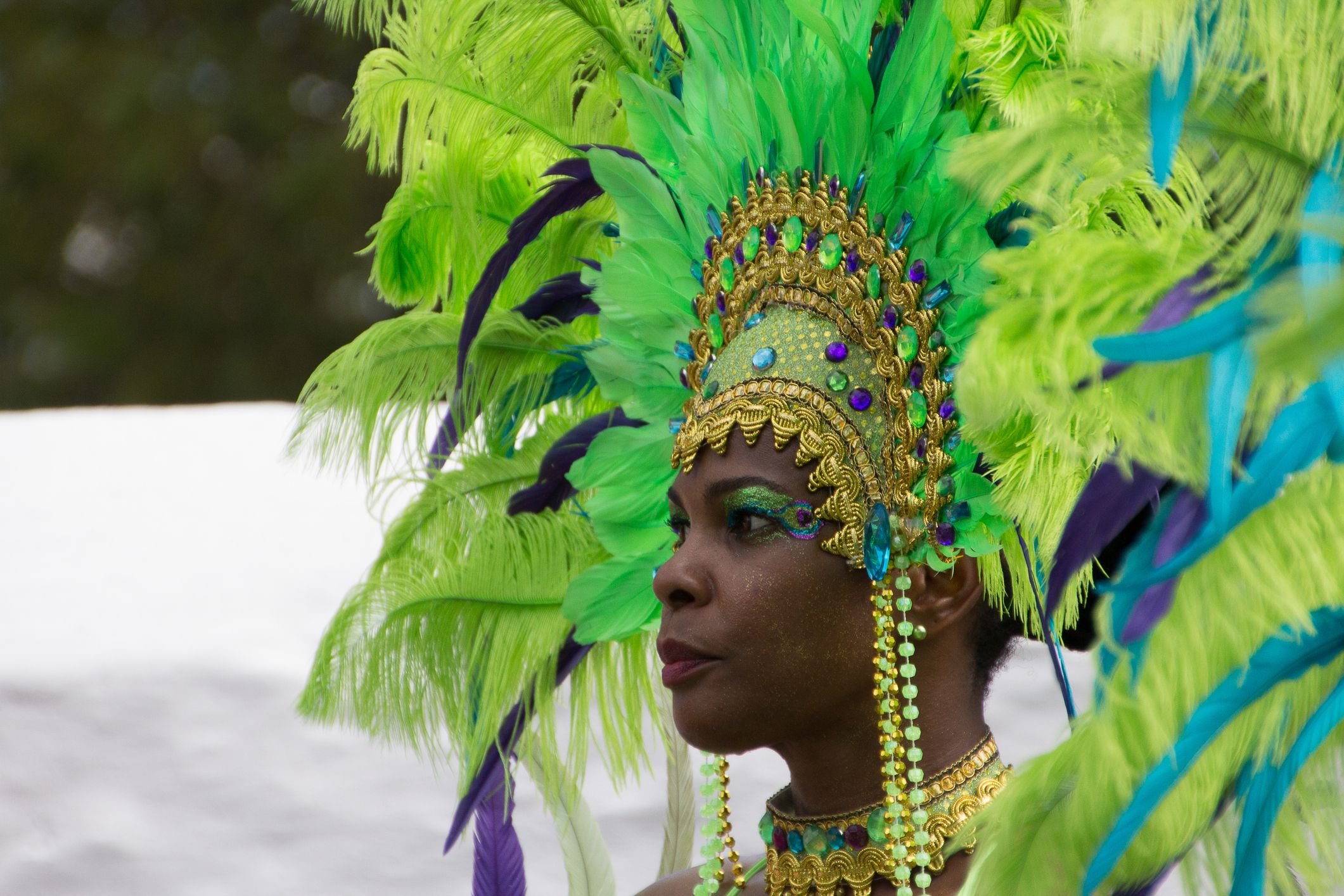 Karneval svatého Tomáše je každoroční tradicí a stal se jedním z největších festivalů v Karibiku. Zde je detailní záběr na propracovanou čelenku jedné z tanečnic v zářivě zeleném barevném schématu.