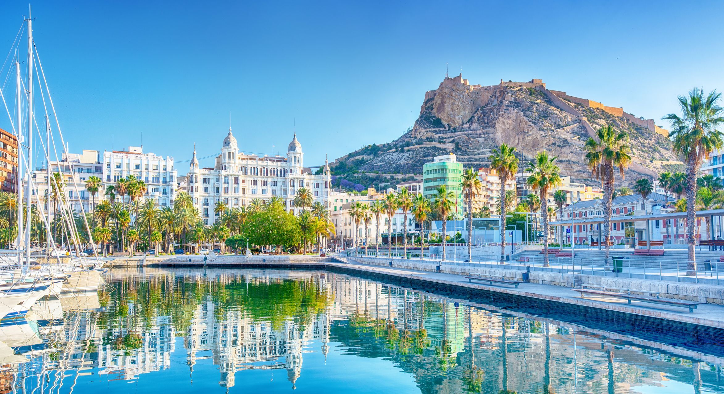 Magnificent views of Santa Barbara Castle and the coastline from Alicante’s Port Square, Spain