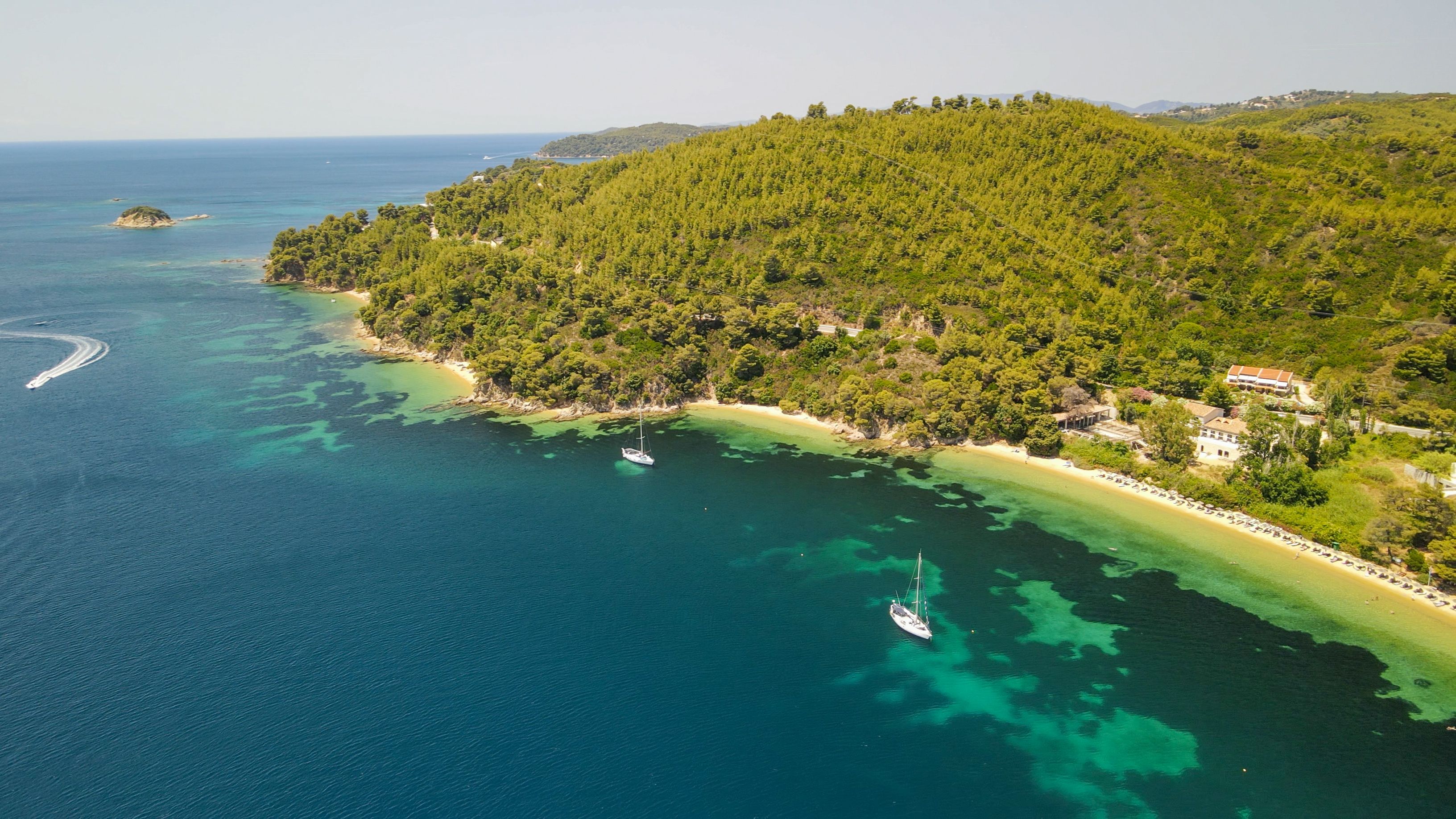 Amazing aerial view of Koukounaries Beach in Skiathos, Greece