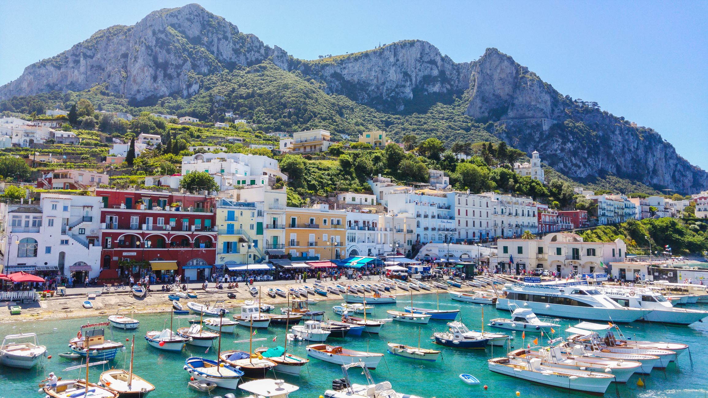 Capri Island Landscape, Marina Grande harbour and mountains