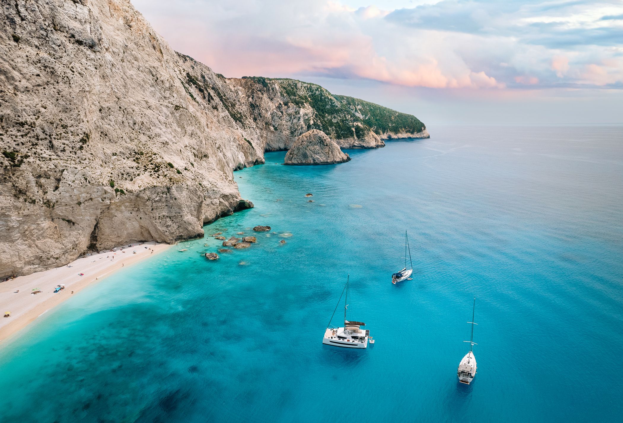 Aerial view of yachts on Ionian sea in Lefkada, Greece stock photo