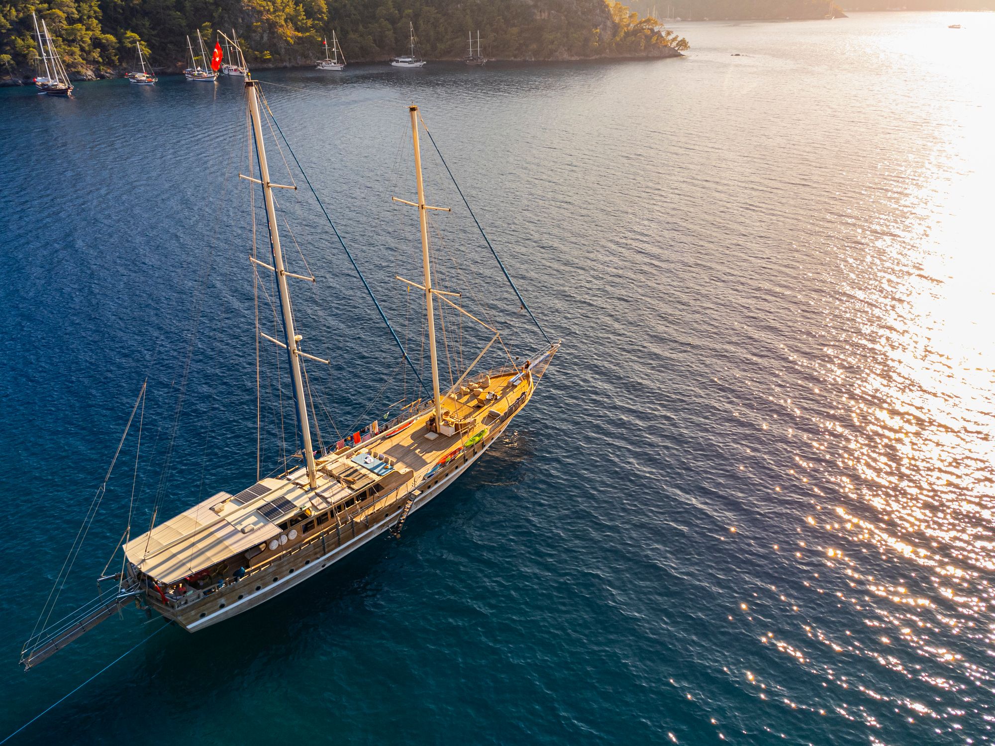 Gulet boat in a beautiful bay in Mediterrenian Sea near Göcek in Turkey.
