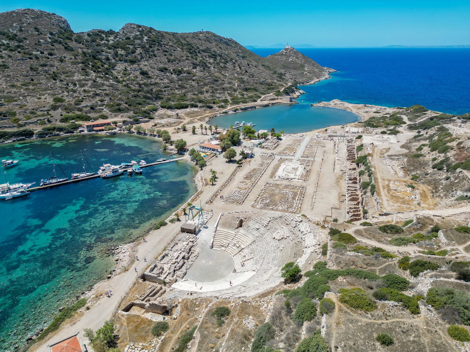 Aerial view of Knidos ancient city, located in Datca, Mugla, Turkiye.