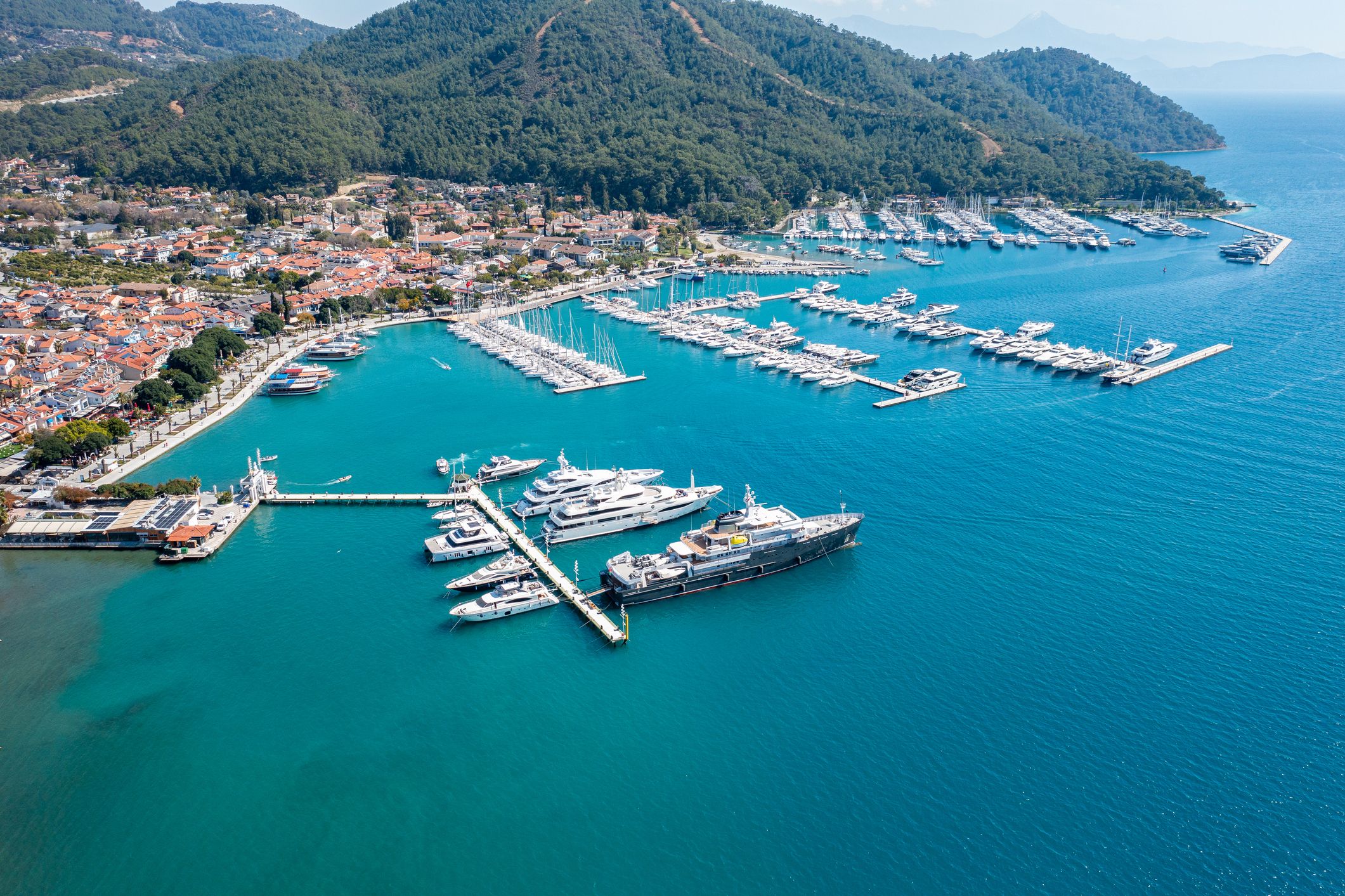 Aerial view of Gocek Bay in Fethiye, Turkiye