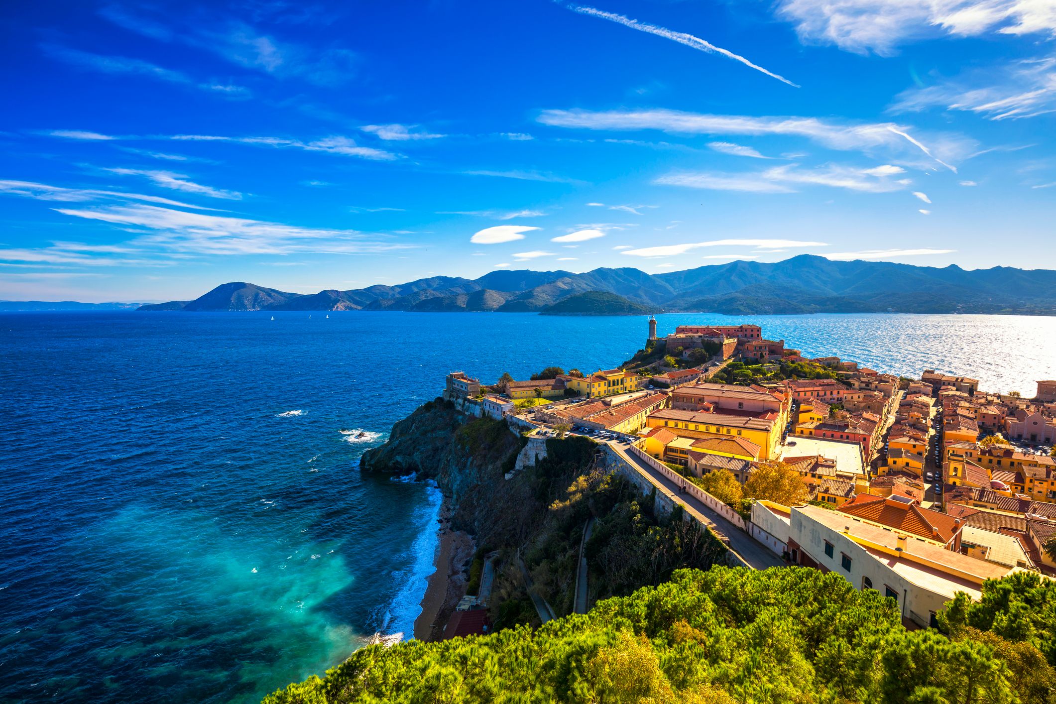 Elba island, Portoferraio aerial view. Lighthouse and fort. Tuscany, Italy, Europe.
