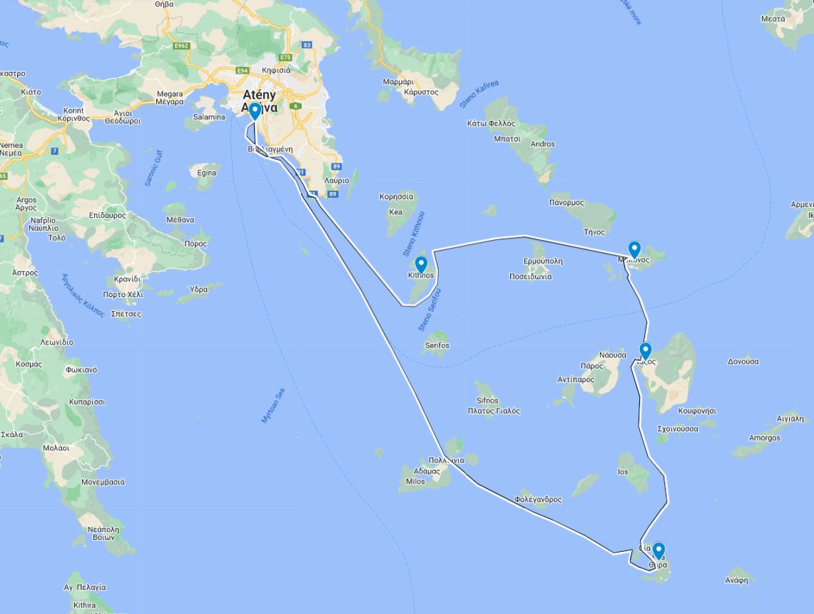Carte d'itinéraire autour des îles grecques