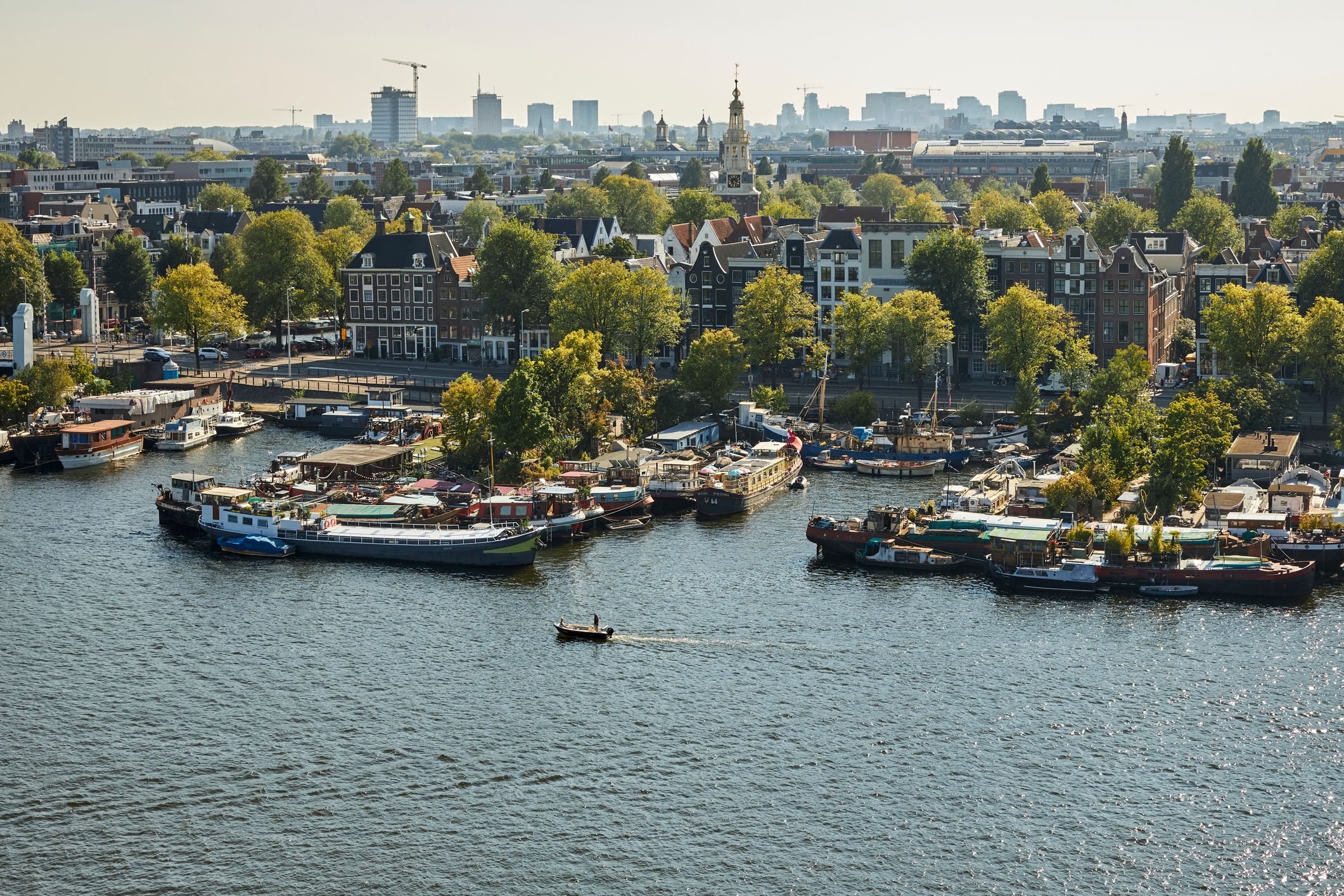 Aerial view of boats at Prins Hendrikkade on a summer day, Amsterdam, The Netherlands