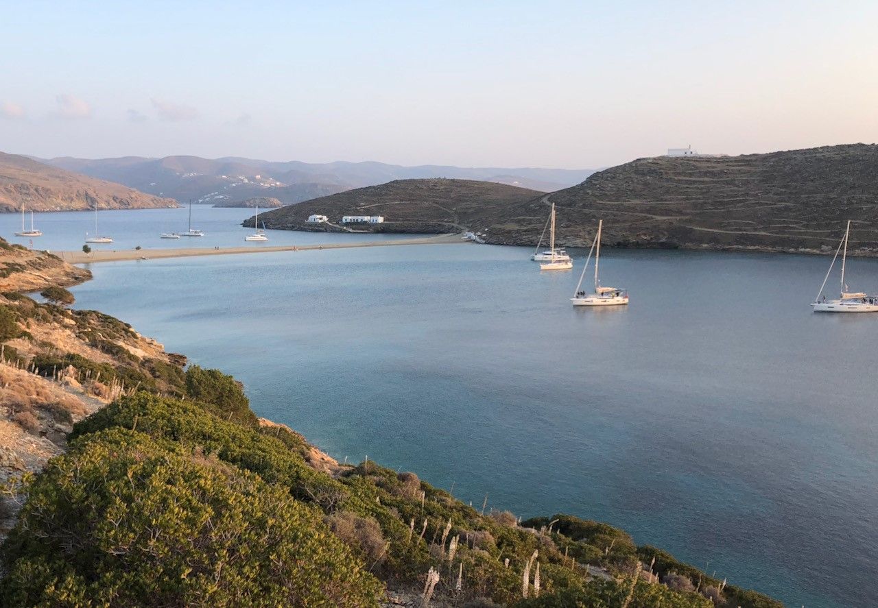 A sand spit encloses the bay of Paralia Kolona on the island of Kithnos.